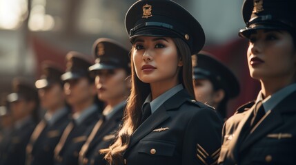 Group of Asian women in military or police uniforms standing at army ceremony - obrazy, fototapety, plakaty