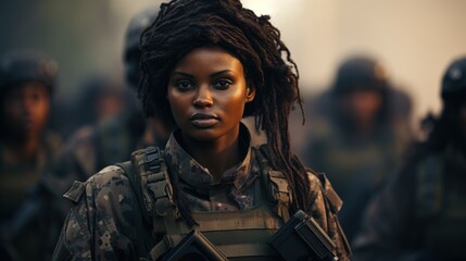 Fototapeta premium Group of black African female soldiers in digital camouflage uniforms, military