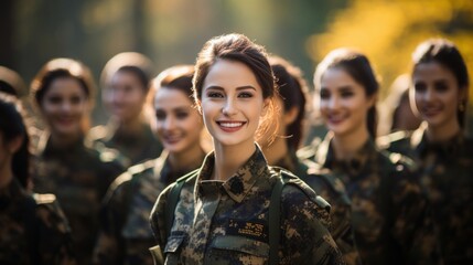 Group of young Asian women in military digital camouflage uniforms standing at army - obrazy, fototapety, plakaty