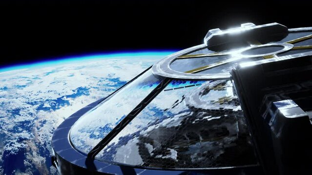 otherworldly laboratory made of metal and glass, like a spacecraft, revolving around Earth's orbit. elements furnished by nasa