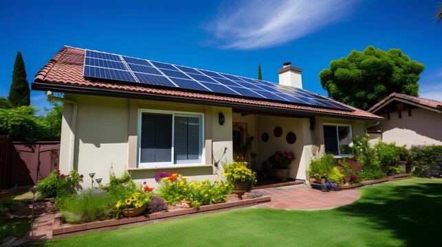 Modern Ecofriendly Home Equipped With Highefficiency Residential Solar Panels On The Roof, Harnessing Renewable Energy From The Sun For Sustainable Green Power Generation.