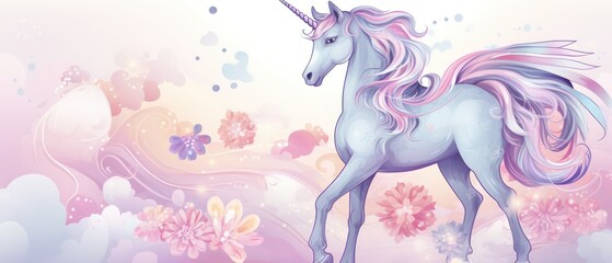Hand drawn unicorn cartoon on pastel color background. AI generated