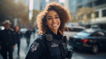 ispanic woman working as police officer or cop, closeup portrait, blurred city - obrazy, fototapety, plakaty