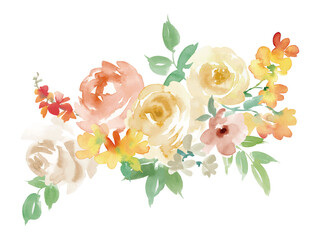 水彩で描いたバラと草花のブーケイラスト
