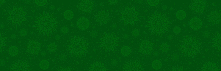 Green christmas banner with snowflakes. Merry Christmas and Happy New Year greeting banner. Horizontal new year background, headers, posters, cards, website.Vector illustration - obrazy, fototapety, plakaty