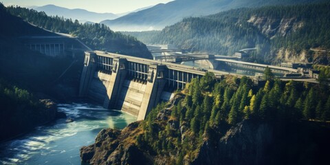 Hydroelectric power dam on a river in mountains, aerial view. - obrazy, fototapety, plakaty