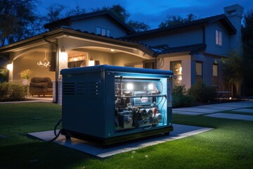 Hydrogen fuel cell power generator near residential house, clean energy for household - obrazy, fototapety, plakaty
