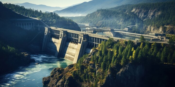 Hydroelectric power dam on a river in mountains, aerial view.