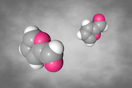 Furfural, an important organic compound. Space-filling molecular model. Atoms are shown as spheres with conventional color coding: carbon (grey), oxygen (red), hydrogen (white). 3d illustration