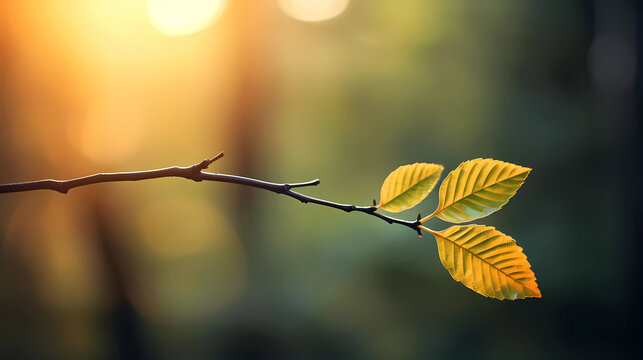 A close up of a leaf on a tree branch with blurry background and boket of light