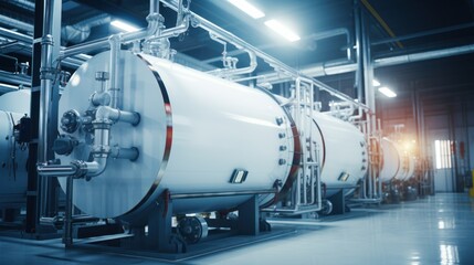 Naklejka premium Inside the modern industrial boiler room, large metal tanks and pipes, industrial concept generating heat.