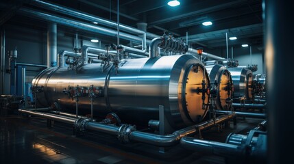 Inside the modern industrial boiler room, large metal tanks and pipes, industrial concept generating heat.