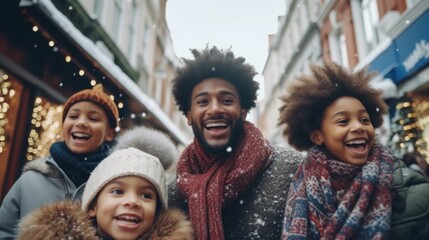 A cheerful family meanders through the city streets, immersed in the enchanting vibes of a Christmas market on a wintry afternoon. - obrazy, fototapety, plakaty
