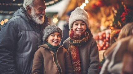 A festive atmosphere envelops the city street, with a family relishing the Christmas market on a winter day.