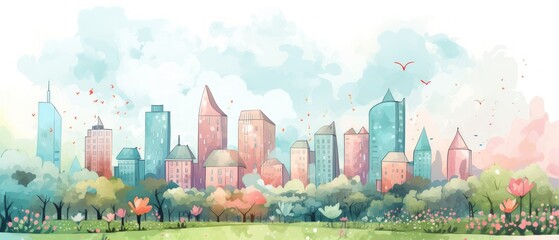 Hand drawn cityscape cartoon on pastel color background. AI generated - obrazy, fototapety, plakaty