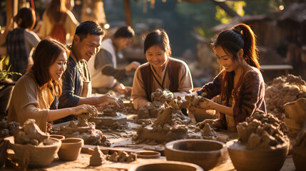Asians doing pottery - obrazy, fototapety, plakaty
