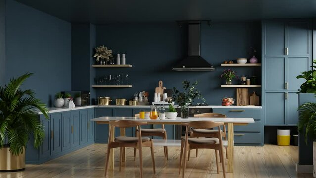 Modern style kitchen interior design with dark blue wall