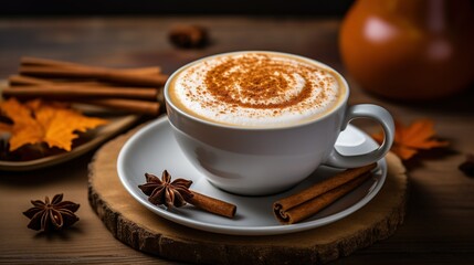 A detailed shot of a creamy sweet potato latte garnished with cinnamon on a vintage wooden table
