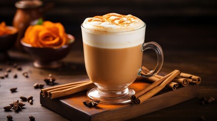 A detailed shot of a creamy sweet potato latte garnished with cinnamon on a vintage wooden table - obrazy, fototapety, plakaty