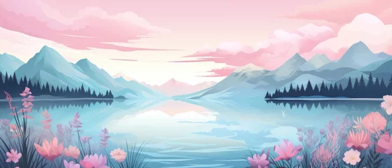 Photo sur Plexiglas Rose clair Hand drawn lake with mountain landscape cartoon on pastel color background. AI generated