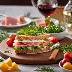 Fototapeta na wymiar sandwich with ham, herbs and cheese