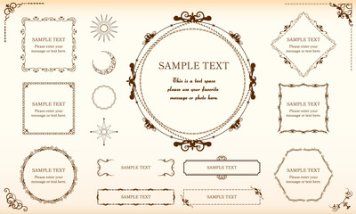 豪華なアンティークフレームと飾り枠のデザインセット　茶色　星　太陽　月