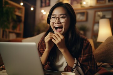 Beautiful young woman is excited while looking at laptop screen sitting on comfortable sofa at home.