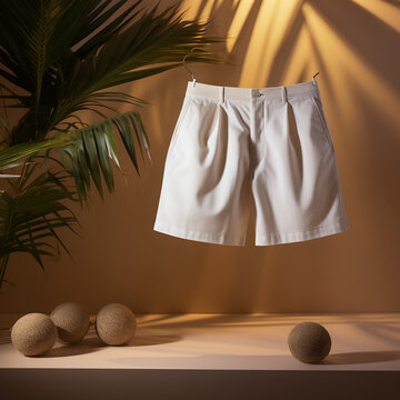 product photography of cotton shorts, high def, in a room with focus lighting, aesthetic background created with Generative Ai