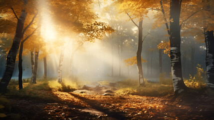 A Journey Through Autumn, Orange Mountains, Trees, and Leaves Creating a Captivating Scene and sunlight passes through the trees a beauty of  autumn forest on trees background generative AI