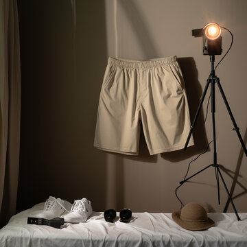 product photography of cotton shorts, high def, in a room with focus lighting, aesthetic background created with Generative Ai