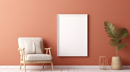 Blank picture vertical frame mockup on a cozy warm color wall. White boho room design. View of modern scandinavian style interior with artwork mock up on wall