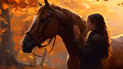 Girl walking with a horse in the autumn forest