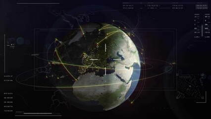 World map 3D intro.Sci Fi cosmic technological cyberspace HUD. Global connection.5D towers connections.Globe Earth satellites and paths. 3