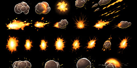 Animation sprite sheet of different types of bomb explosion sequence on pure black background generative AI