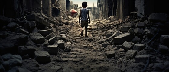 Little boy walking in the ruins of a building after an air strike in the war. AI generated