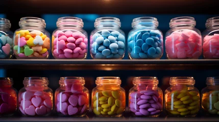 Rolgordijnen On the beautifully illuminated shelves of a candy store there are glass jars filled with multi-colored heart-shaped sweets. Selective focus. Valentine's Day concept, sweet valentines © Natallia