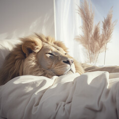 a lion dreaming about the future on a clean white bed created with Generative Ai