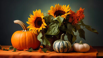Naklejka na ściany i meble A table topped with a pumpkin and sunflowers on top of it's leaves and a bright background