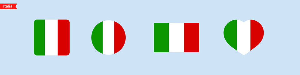 National flag of Italia. Flag icons for language selection. Italia flag in the shape of a square, circle, heart. Vector icons