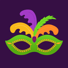 Bright masquerade mask with feathers for holiday Mardi gras, carnival party element. Fat tuesday, carnival, festival. For design of postcards, greeting card, banner, gift packaging, poster, wallpaper