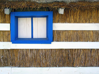 Detail of traditional thatch house of the fishermen and farmers of Carrasqueira, Portugal. Carrasqueira is known for the Stilt Piers or Cais Palafitico on the Sado River. Alcacer do Sal, Portugal