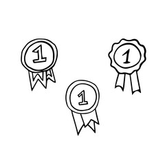 Set of medal in doodle style. First place, trophy, victory, achievment, award, winner. Hand drawn vector illustration for posters, stickers. Elements of sport, business and school