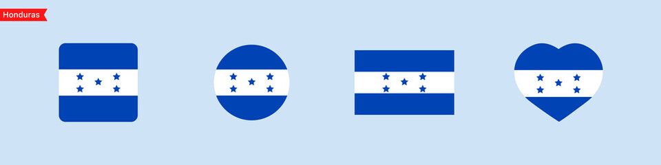 National flag of Honduras icons. Honduras flag in the shape of a square, circle, heart. Website language choice symbols. Vector UI flag design