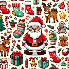 Image of a pattern with cartoon-style figures of Santa Claus, surrounded by various Christmas accessories such as reindeer, candy, stockings, candy