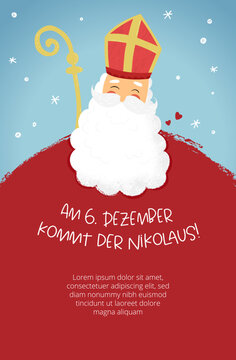 Lovely drawn Nikolaus character, text in german "St. Nicolas Day is on 6th of December" - great for invitations, banners, wallpapers, cards