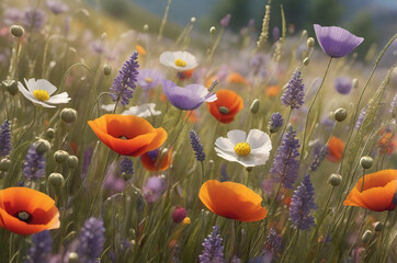 Poppy flowers, lavender and daisies in meadow on mountains.