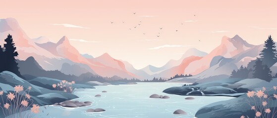 Fototapeta na wymiar Hand drawn river landscape cartoon on pastel color background. AI generated