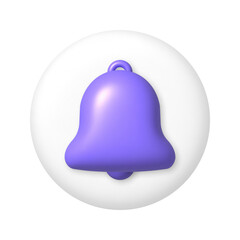 Purple bell icon on white round buttons. 3D vector illustration.