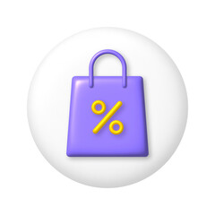 Purple shopping bag sale icon on white round buttons. 3D vector illustration.