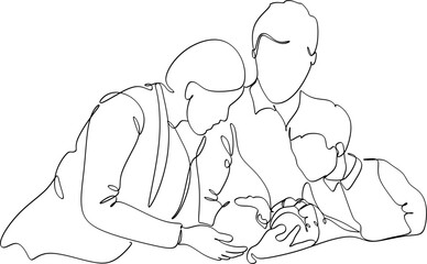 Continuous one line drawing of happy family. Vector illustration.